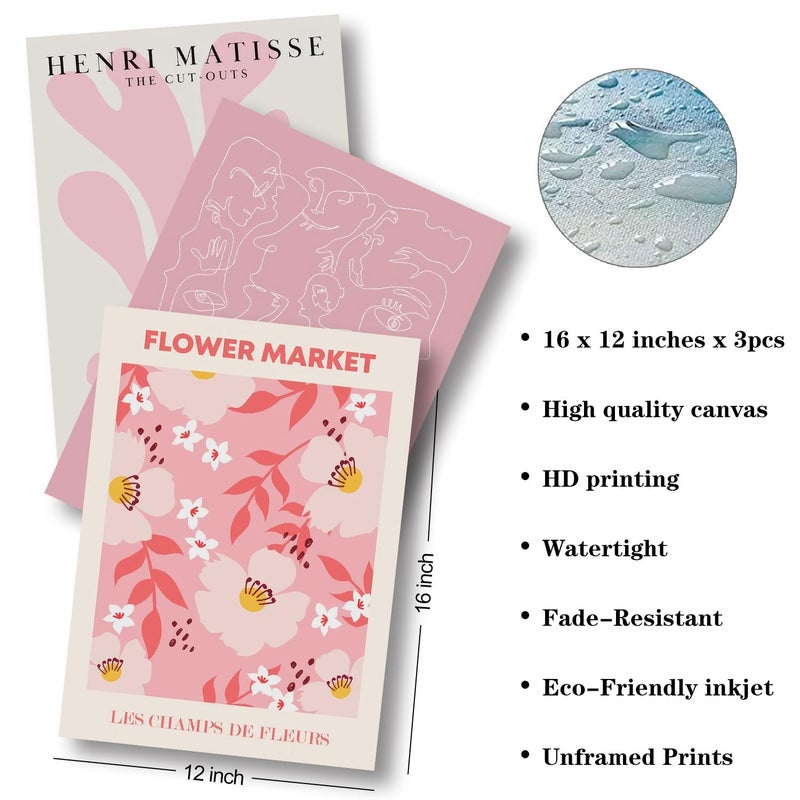 Djmwtb Djmwtb Matisse Picasso Abstract Poster Set of 3 Pink Flower Market Canvas Wall Art Prints Aesthetic Pictures Modern Minimalist Wall Decor Painting for Living Room Bedroom Bathroom 12x16in Unframed - Image 1