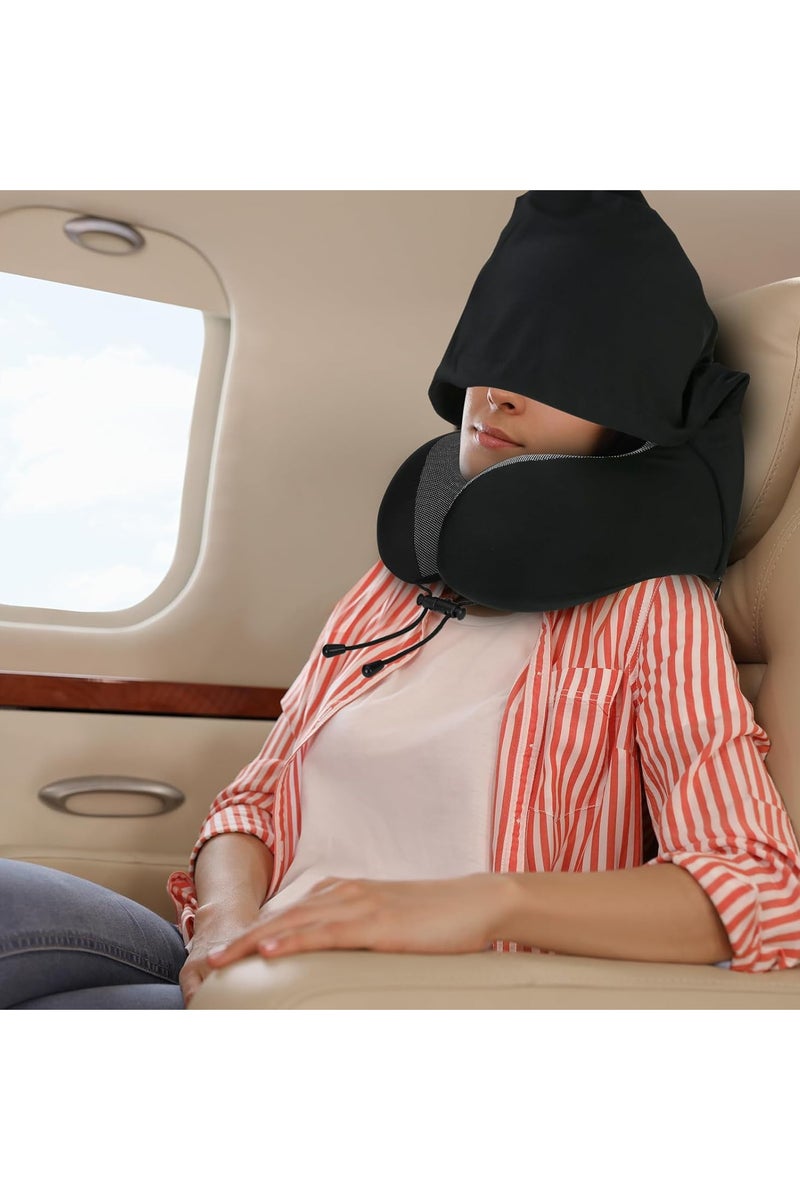 Portable Memory Foam Travel Pillow with Hood, Ergonomic, Head & Neck Support, Dark Flights Sleeping, Black - Image 2