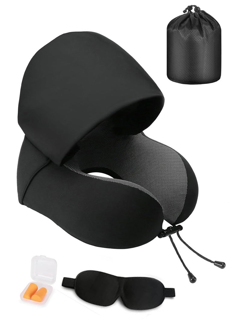 Portable Memory Foam Travel Pillow with Hood, Ergonomic, Head & Neck Support, Dark Flights Sleeping, Black - Image 1