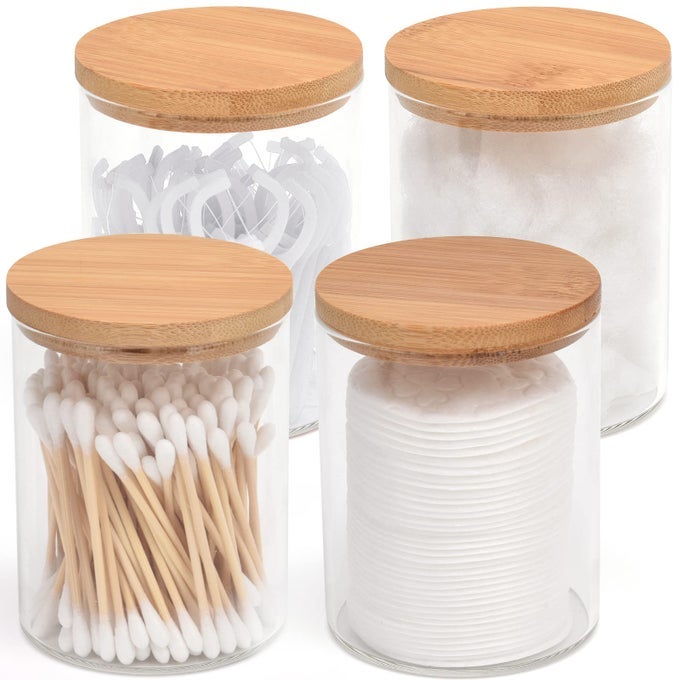 4 PACK GLASS QTIP HOLDER DISPENSER SET APOTHECARY JARS WITH LIDS FOR VANITY MAKEUP ORGANIZER BATHROOM CANISTER STORAGE ORGANIZER FOR COTTON BALLSWABROUND PADSFLOSS
