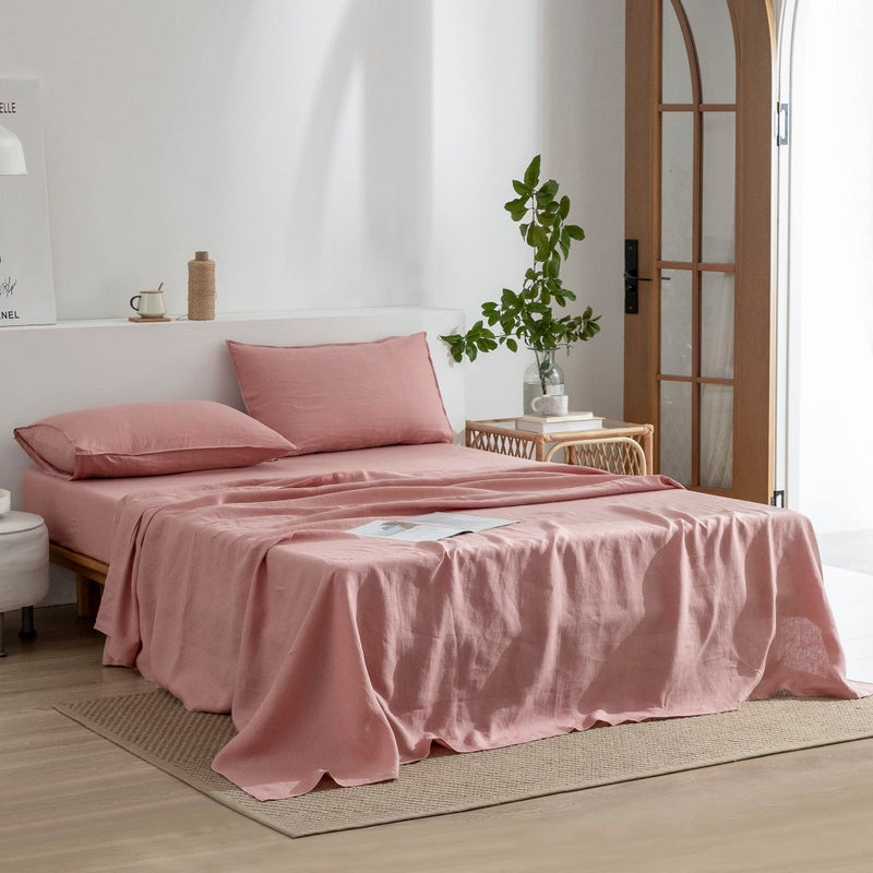 EVERLY Linen California King Sheets Set  100% Stonewashed French Linen Bed Sheets Deep Pocket Sheets  4 Pieces (1 Flat Sheet  1 Fitted Sheet  2 Pillowcases) Natural Flax Bedding Set-Pink - Image 2