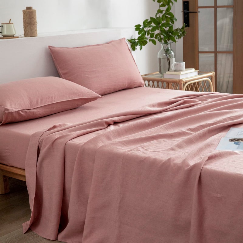 EVERLY Linen California King Sheets Set  100% Stonewashed French Linen Bed Sheets Deep Pocket Sheets  4 Pieces (1 Flat Sheet  1 Fitted Sheet  2 Pillowcases) Natural Flax Bedding Set-Pink - Image 3