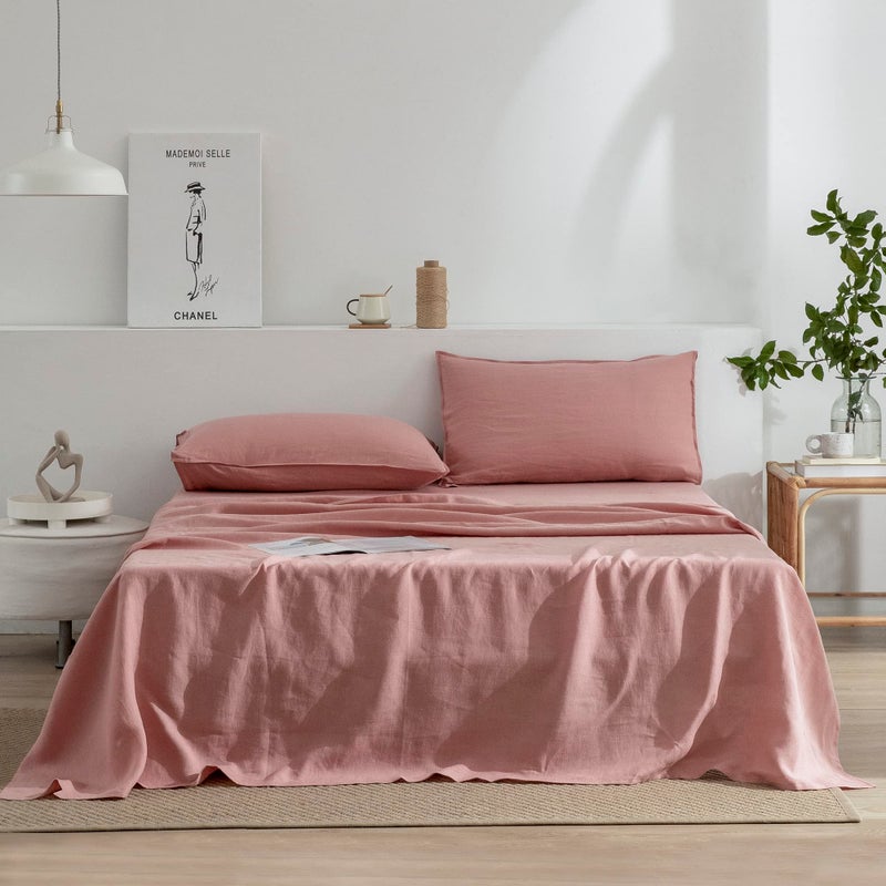 EVERLY Linen California King Sheets Set  100% Stonewashed French Linen Bed Sheets Deep Pocket Sheets  4 Pieces (1 Flat Sheet  1 Fitted Sheet  2 Pillowcases) Natural Flax Bedding Set-Pink - Image 1