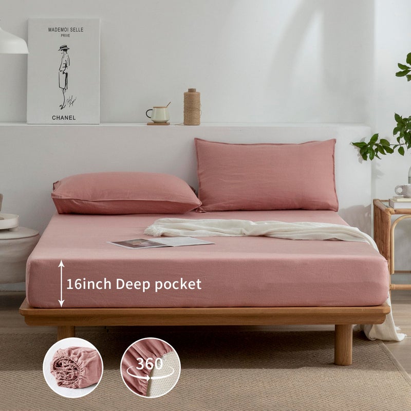 EVERLY Linen California King Sheets Set  100% Stonewashed French Linen Bed Sheets Deep Pocket Sheets  4 Pieces (1 Flat Sheet  1 Fitted Sheet  2 Pillowcases) Natural Flax Bedding Set-Pink - Image 5