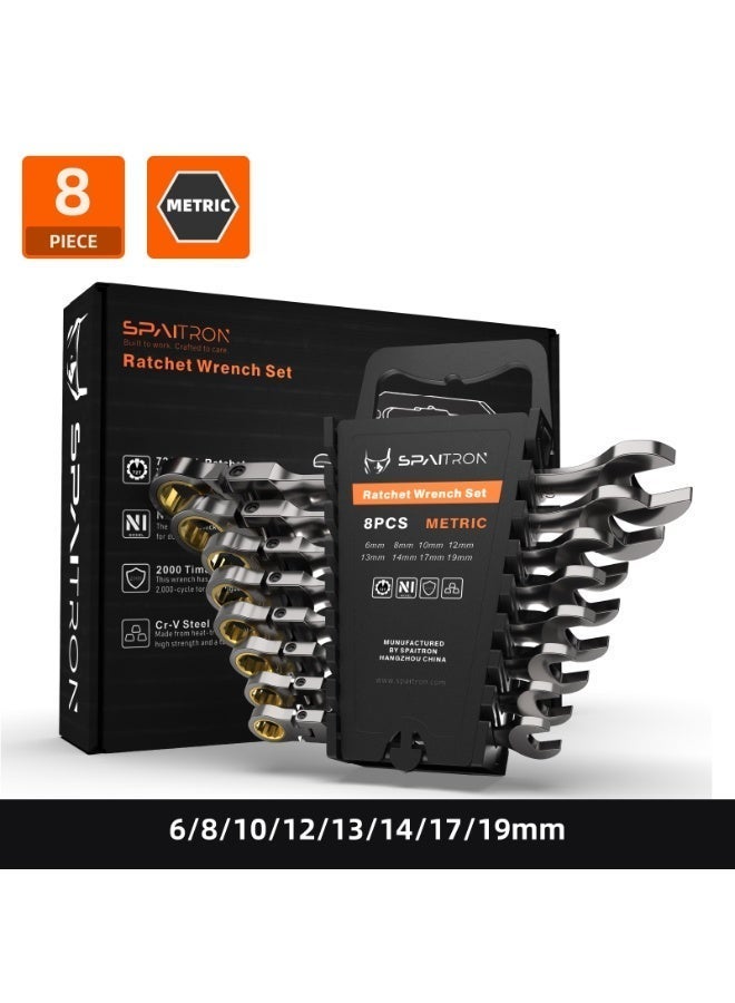 SPAITRON Professional Flex-Head Ratcheting Wrench Set, 8 Piece Metric (6-19mm) - 180° Swivel Head, 72-Teeth CR-V Steel with Nickel-Plated Finish, Heavy Duty Tool Kit with Plastic Storage Rack for Auto & Home DIY - Image 1