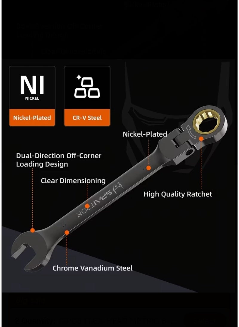 SPAITRON Professional Flex-Head Ratcheting Wrench Set, 8 Piece Metric (6-19mm) - 180° Swivel Head, 72-Teeth CR-V Steel with Nickel-Plated Finish, Heavy Duty Tool Kit with Plastic Storage Rack for Auto & Home DIY - Image 5