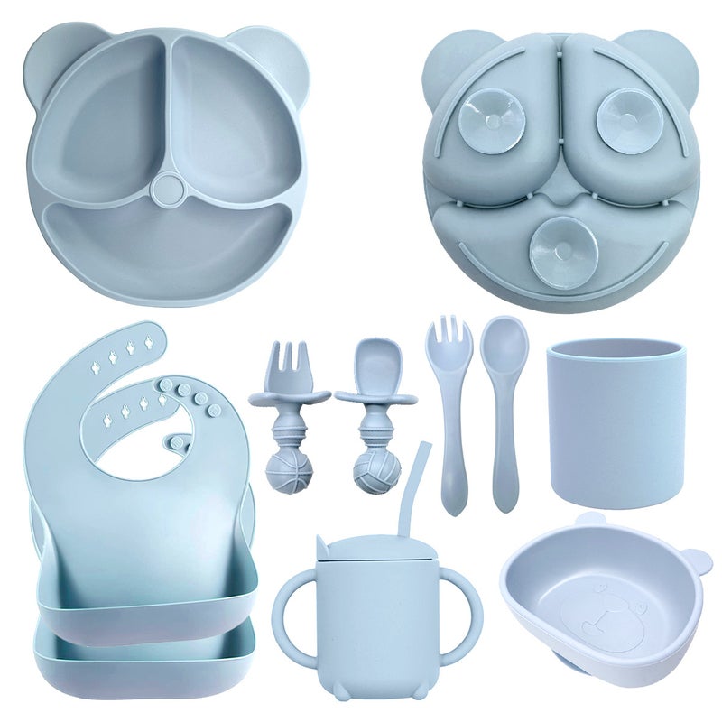 Silicone Baby Dining Set Soft Bib Bowl SpoonGrey Blue -10 Pieces-Bear Plate +2 Bibs + Bear Bowl + Straight Cup + Long and Short Forks and Spoons Grey Blue -10 Pieces-Bear Plate +2 Bibs + Bear Bowl + Straight Cup + Long and Short Forks and Spoons