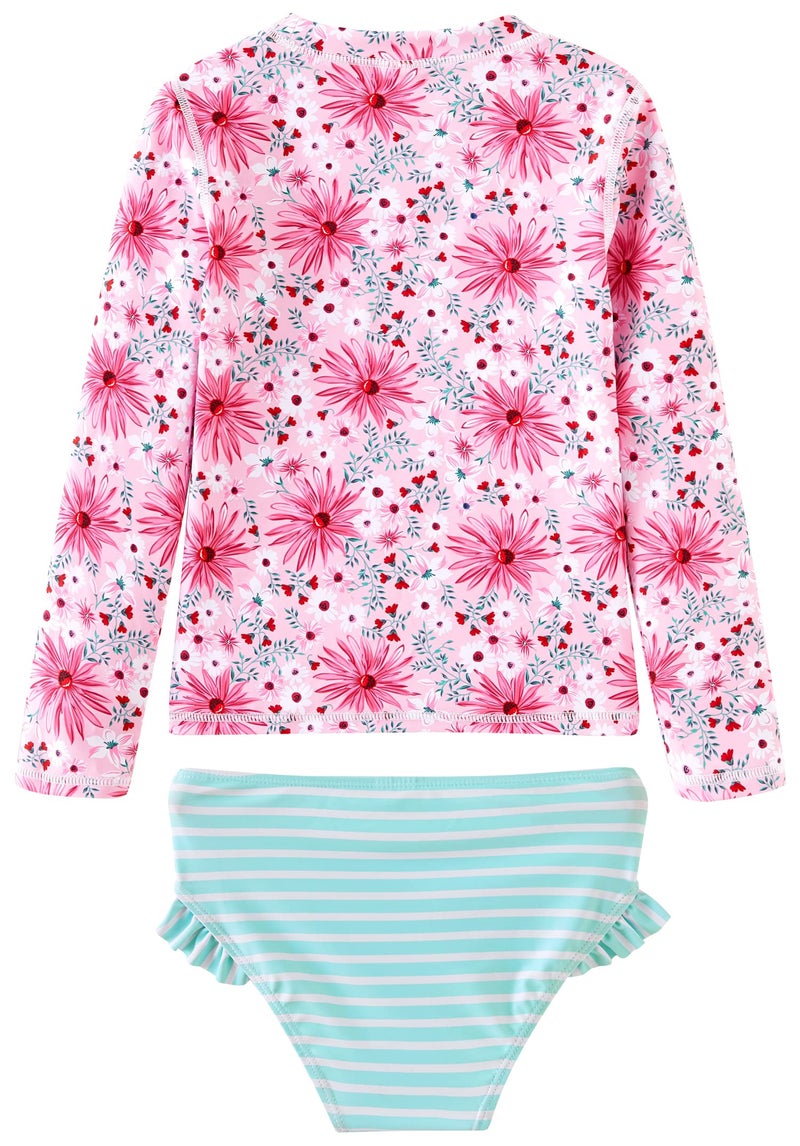 UMELOK Little Girls' Rash Guard Sets Swimwear 2-Pieces Long Sleeve Swimsuit Sets Pink/Light Green, Daisy 6Y - Image 3