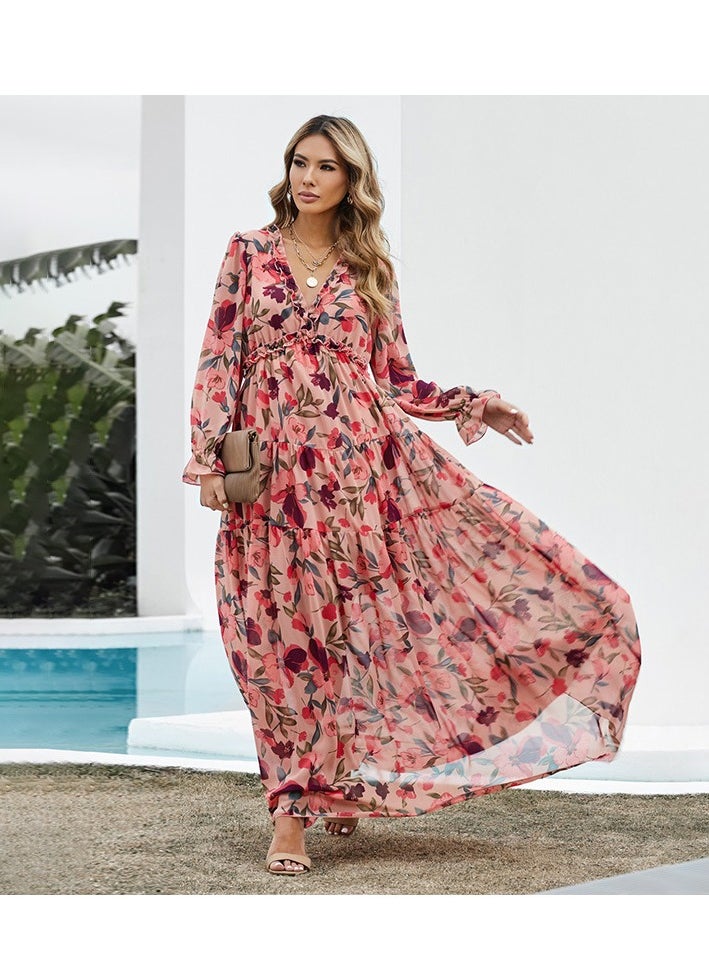 Loquat Women  V-neck Chiffon Floral Long Sleeved Dress Red  - Image 1