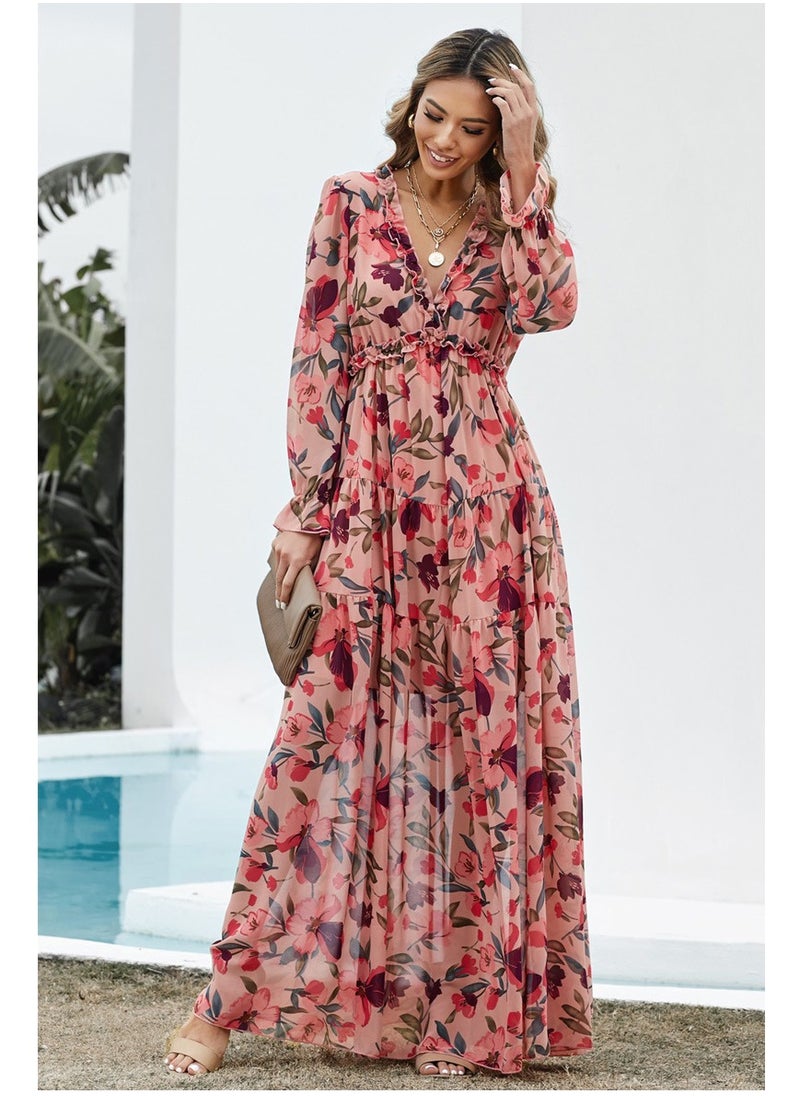 Loquat Women  V-neck Chiffon Floral Long Sleeved Dress Red  - Image 2