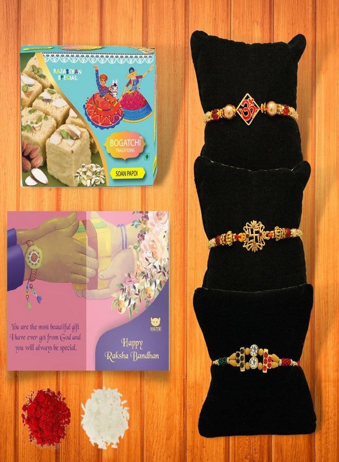 BOGATCHI Rakhi for brother, Rakhi sweets and chocolates, Traditional Soan papdi 200g + 3 Rakhi 30 + Roli Chawal + Card - Image 1