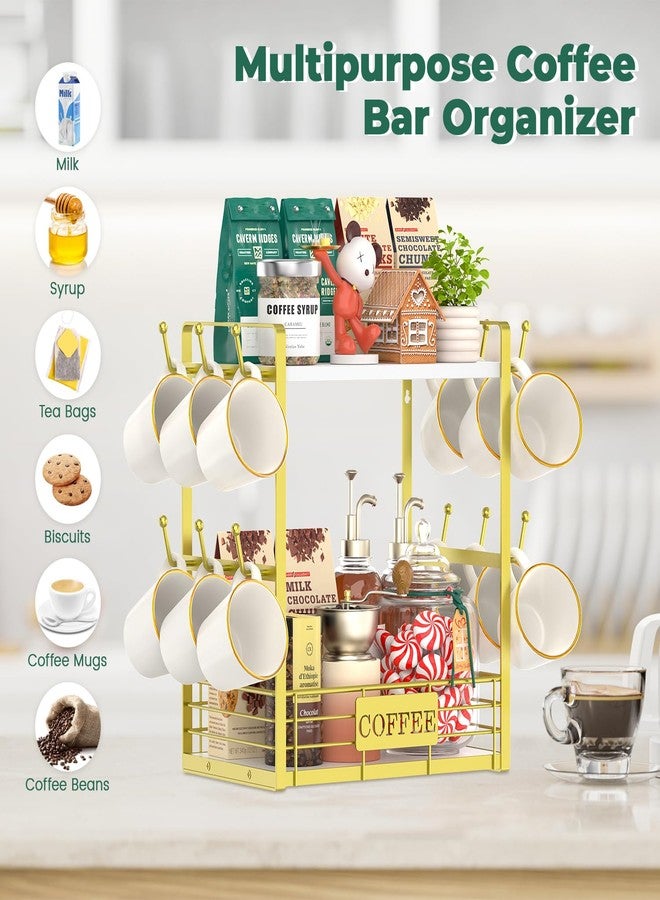 EsLuker.ly Coffee Bar Station Organizer Mug Cup Holder Stand for Countertop, Multi-Functional 2 Tier Mug Tree Rack for Kitchen, Storage Shelf with 12 Hooks, White-Gold - Image 3