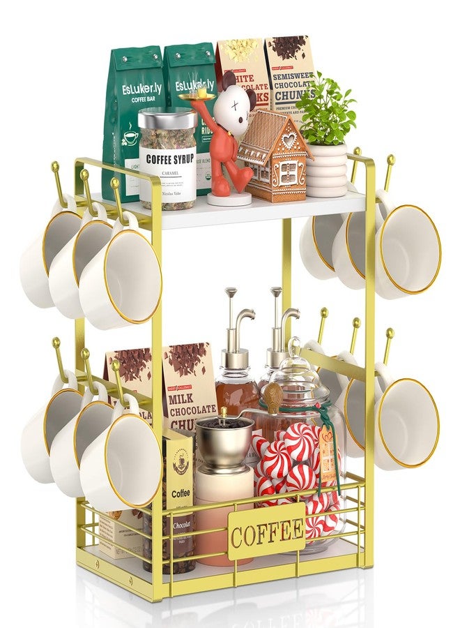 EsLuker.ly Coffee Bar Station Organizer Mug Cup Holder Stand for Countertop, Multi-Functional 2 Tier Mug Tree Rack for Kitchen, Storage Shelf with 12 Hooks, White-Gold - Image 1