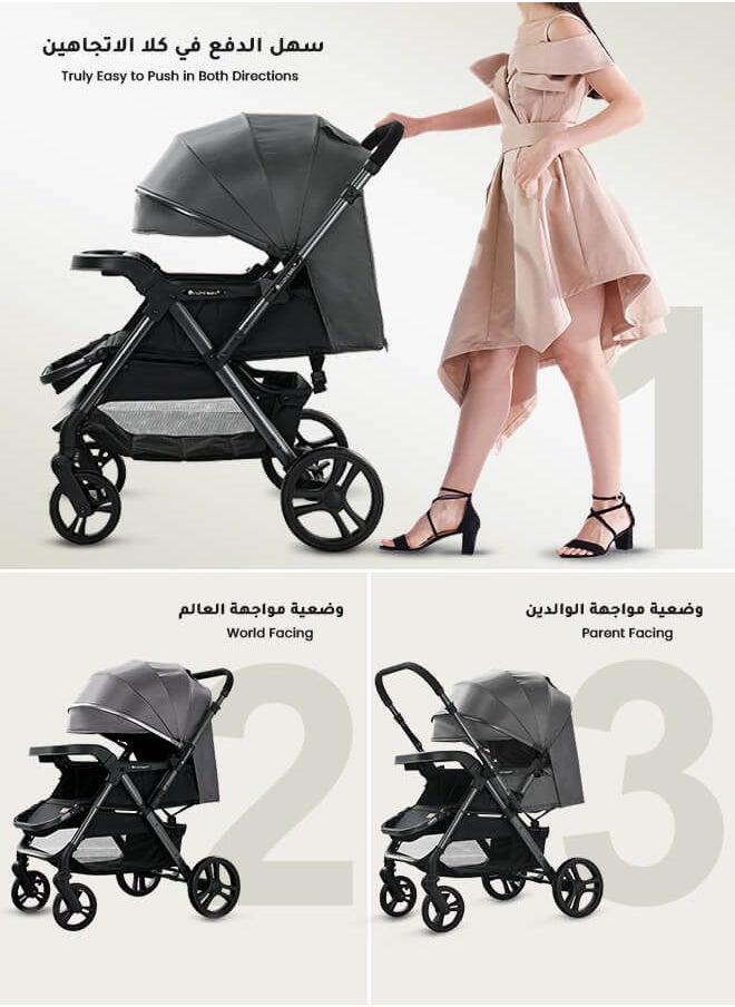 Aurlar - Luxury Extra-Large Baby Stroller – High-View, Reversible, Quick Fold, UPF 50+ Canopy, 70KG Load (Premium Grey) - Image 1
