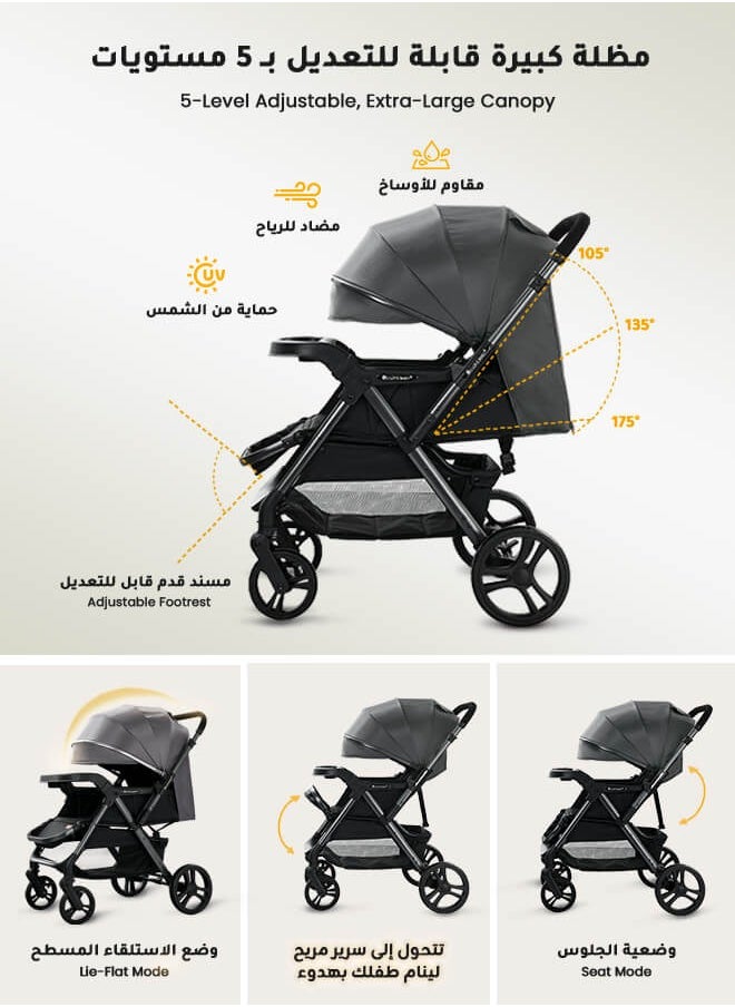 Aurlar - Luxury Extra-Large Baby Stroller – High-View, Reversible, Quick Fold, UPF 50+ Canopy, 70KG Load (Premium Grey) - Image 1