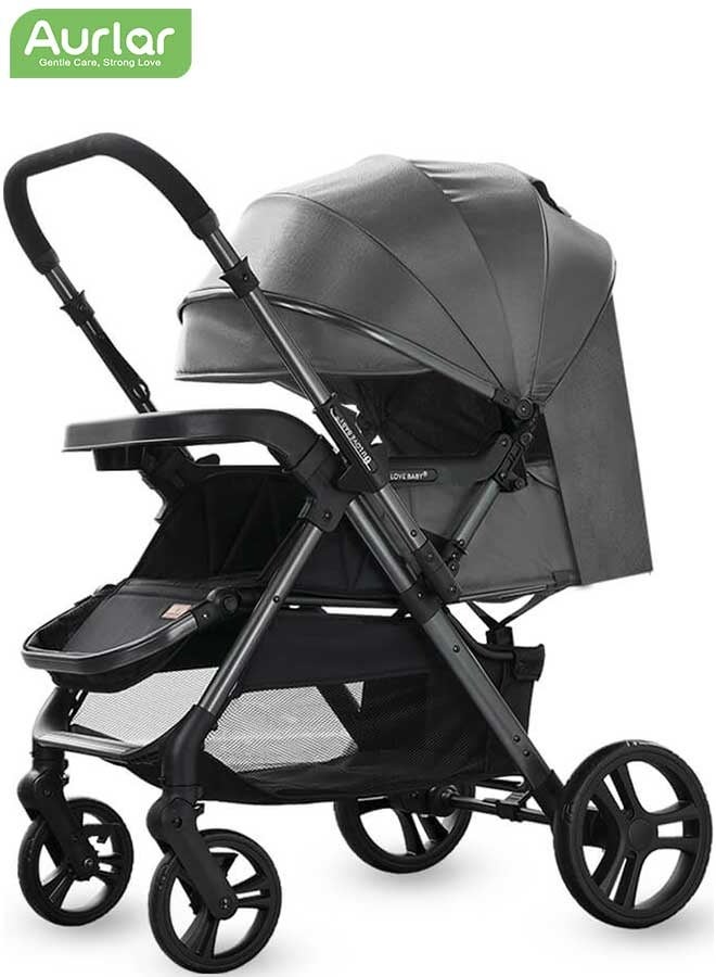Aurlar Luxury Extra-Large Baby Stroller, Two-Way High-View Pushchair, Large Tray & Sleeping Basket, Smooth Big Wheels, Full-Cover Canopy, 70KG Load, for 0–6 Years Toddlers – Advanced Grey - Image 1