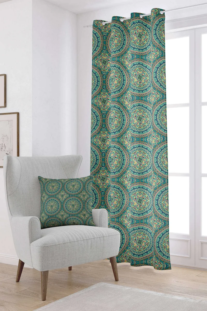 كانغو هوم Green Yellow Retro Vintage Patterned Digital Printed Curtain OTYK049-PR
