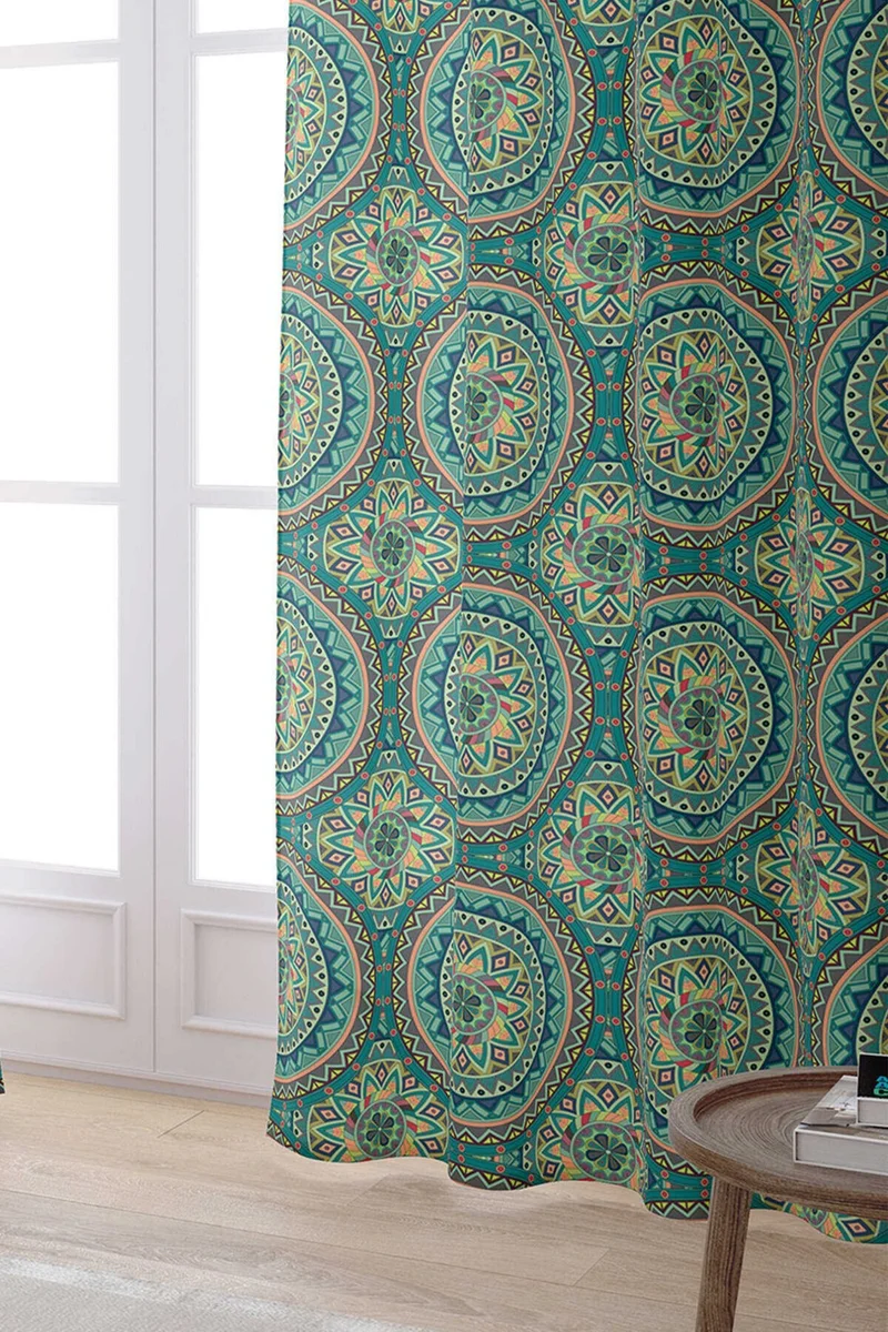 كانغو هوم Green Yellow Retro Vintage Patterned Digital Printed Curtain OTYK049-PR