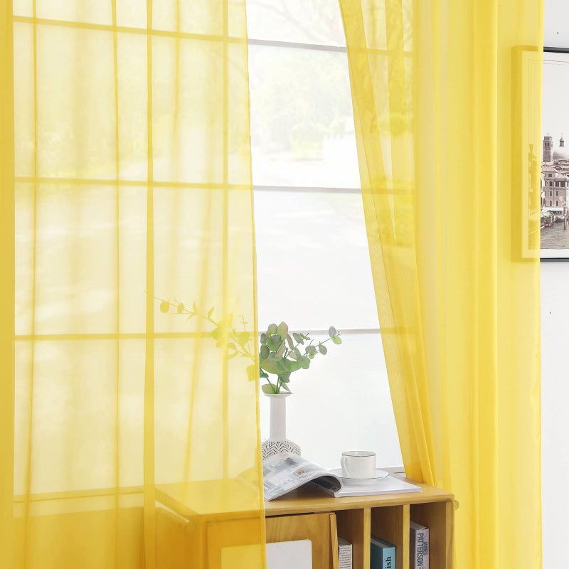 youleyar Solid Sheer Rod Pocket Curtain Voile Draperies 2 Panels White Beige Black Grey Coffee 52 Inch Width 84 Inch Long 1 Pair for Kitchen Bedroom Children Living Room Yard (Yellow,52Wï½˜84L) - Image 4