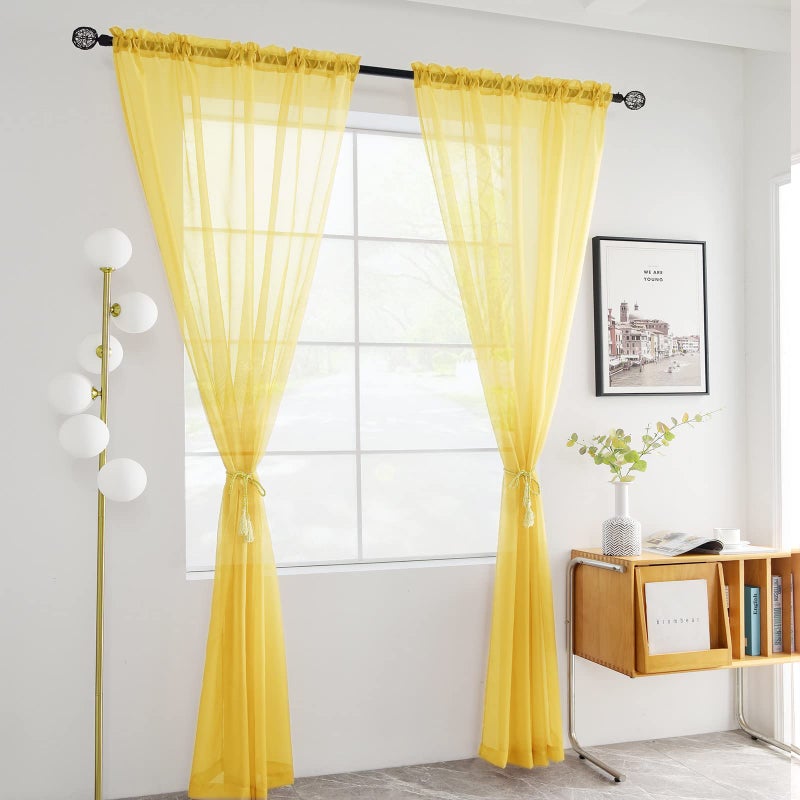 youleyar Solid Sheer Rod Pocket Curtain Voile Draperies 2 Panels White Beige Black Grey Coffee 52 Inch Width 84 Inch Long 1 Pair for Kitchen Bedroom Children Living Room Yard (Yellow,52Wï½˜84L) - Image 2