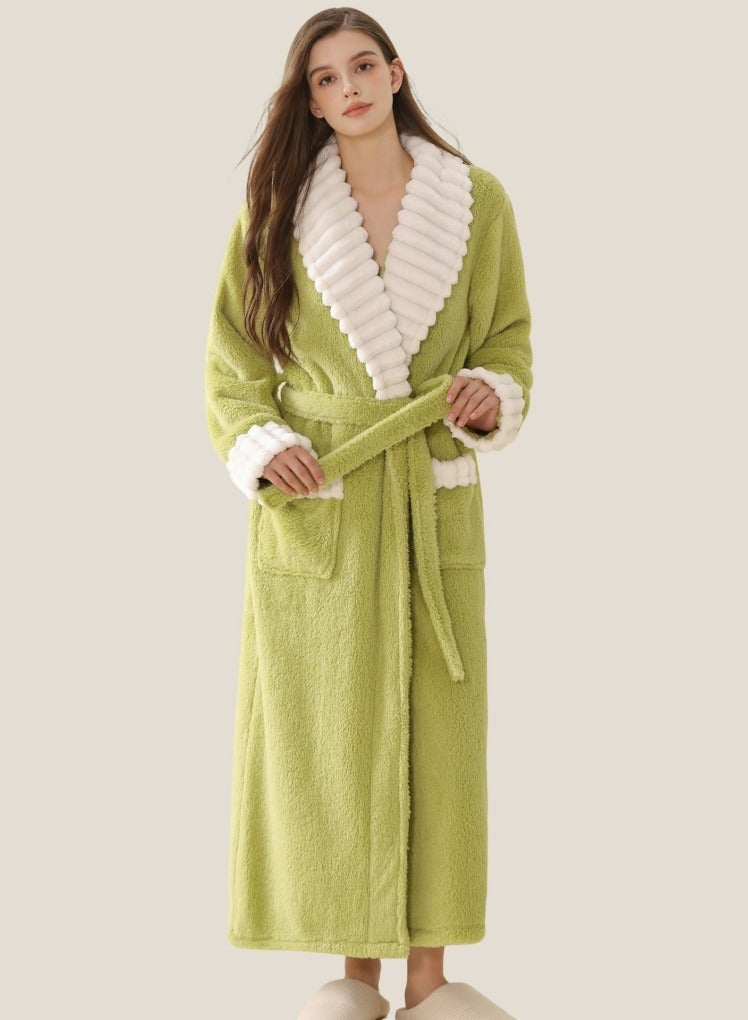 إسكدنيا المرأة طويلة سميكة لابل فستان ليلي فلانيل رداء حمام بيجاما أخضر