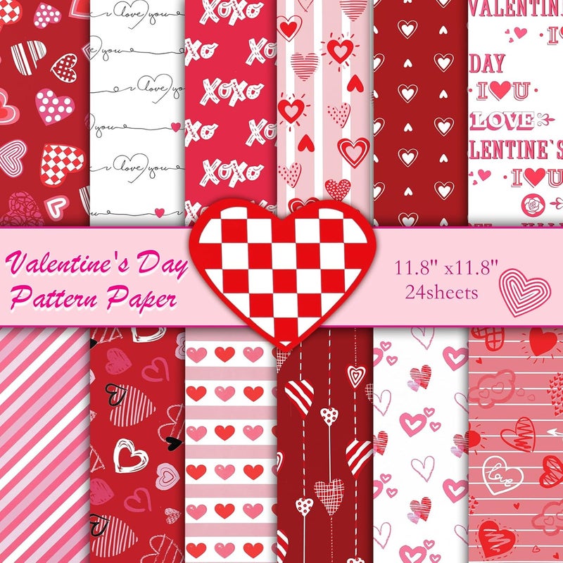 Konsait 24 Sheets Valentines Day Scrapbook Paper 12x12 Double Sided Decorative Cardstock Craft Paper for Card Making Anniversaries Pink Patterned Papers Red Origami Papers Valentine Scrapbook Supplies - Image 1