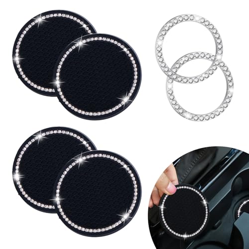 EKUWU Bling Car Cup Holder Coaster AntiSlip Rhinestone Cup Holder Insert 4 Pack with Push Start Button Cover Button Ring 2 Pack Shiny Diamond Car Interior Accessories for Women Black - Image 1