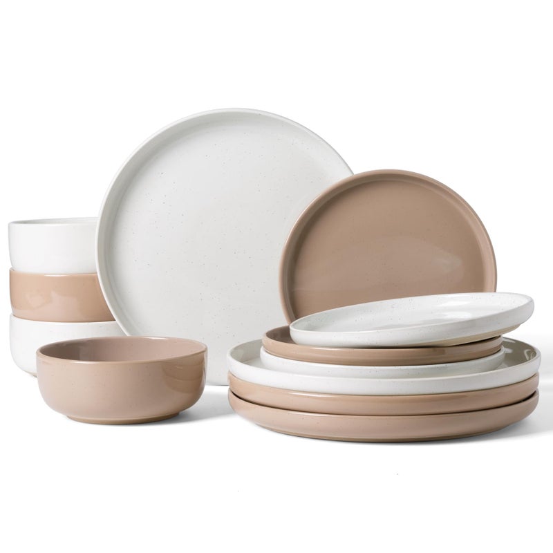Famiware Milkyway Plates and Bowls Sets, 12 Pieces Stoneware Dinnerware Sets, Dishes Set for 4, White & Cinnamon Brown - Image 1