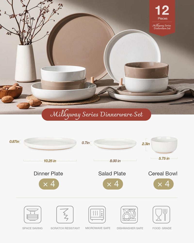 Famiware Milkyway Plates and Bowls Sets, 12 Pieces Stoneware Dinnerware Sets, Dishes Set for 4, White & Cinnamon Brown - Image 2