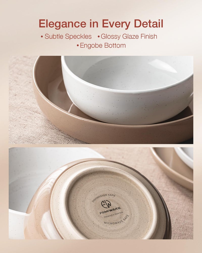 Famiware Milkyway Plates and Bowls Sets, 12 Pieces Stoneware Dinnerware Sets, Dishes Set for 4, White & Cinnamon Brown - Image 4