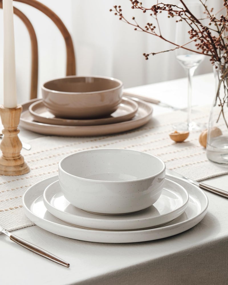 Famiware Milkyway Plates and Bowls Sets, 12 Pieces Stoneware Dinnerware Sets, Dishes Set for 4, White & Cinnamon Brown - Image 3