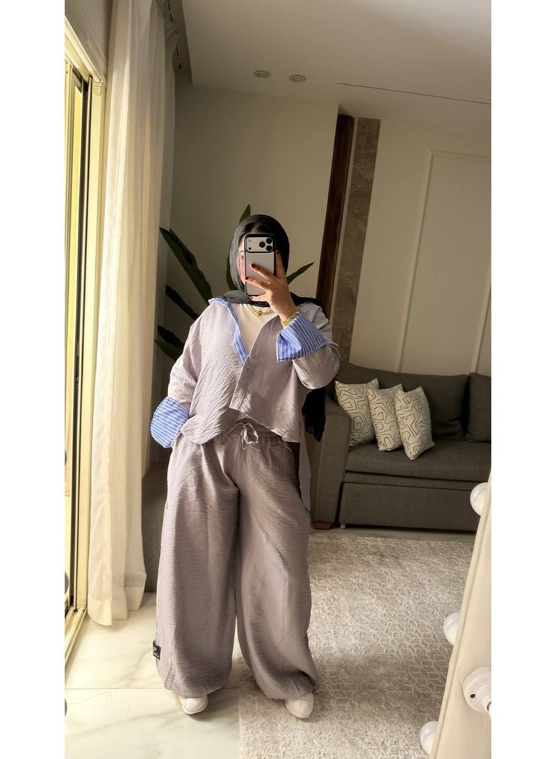 Women's Two-Piece Striped Casual Set: Layered Shirt with a Modern Design, Imported Treated Linen Fabric, Comfortable for Outings, University, and Travel, One Size Fits Up to 85 kg, Code 4078 - Image 2