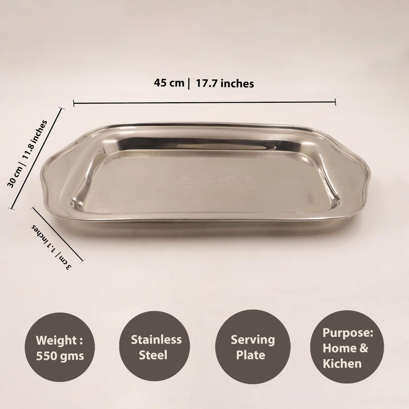 Spillbox Stainless Steel Multipurpose Serving Tray| Poonam|SS Tray|Food Grade Material|Dinnerware |Mirror Finish[Length:45cm Weight:550gm]-Rose Tray Large - Image 3