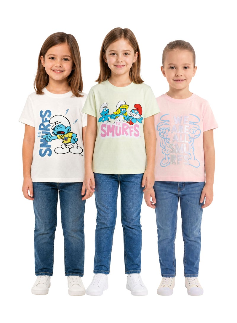 The Smurfs Girls’ Graphic T-Shirt Pack of 3– Smurfette Short-Sleeve Crew-Neck Cartoon Casual Top - Image 1