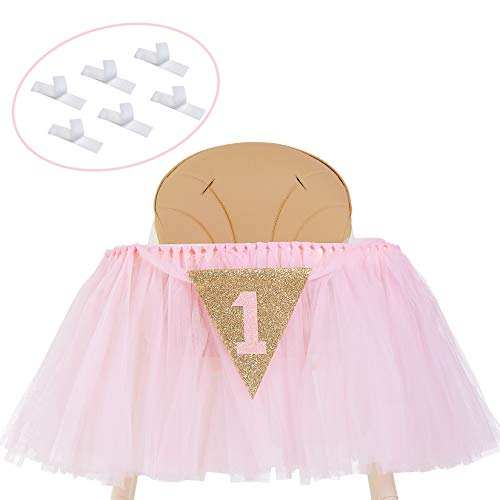PartyHooman 1st Birthday Girl Decoration High Chair Tutu Skirt Banner No1 Cake Smash 1st Birthday Decorations for Baby Girls First Birthday Banner Highchair Centrepiece in Baby Pink and Gold Princess Theme - Image 1
