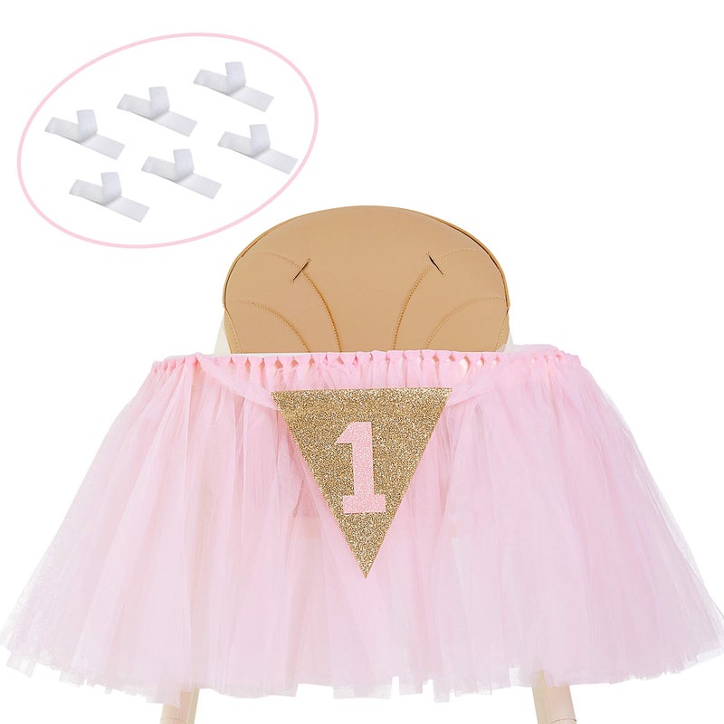 PartyHooman 1st Birthday Girl Decoration High Chair Tutu Skirt Banner No1 Cake Smash 1st Birthday Decorations for Baby Girls First Birthday Banner Highchair Centrepiece in Baby Pink and Gold Princess Theme - Image 2