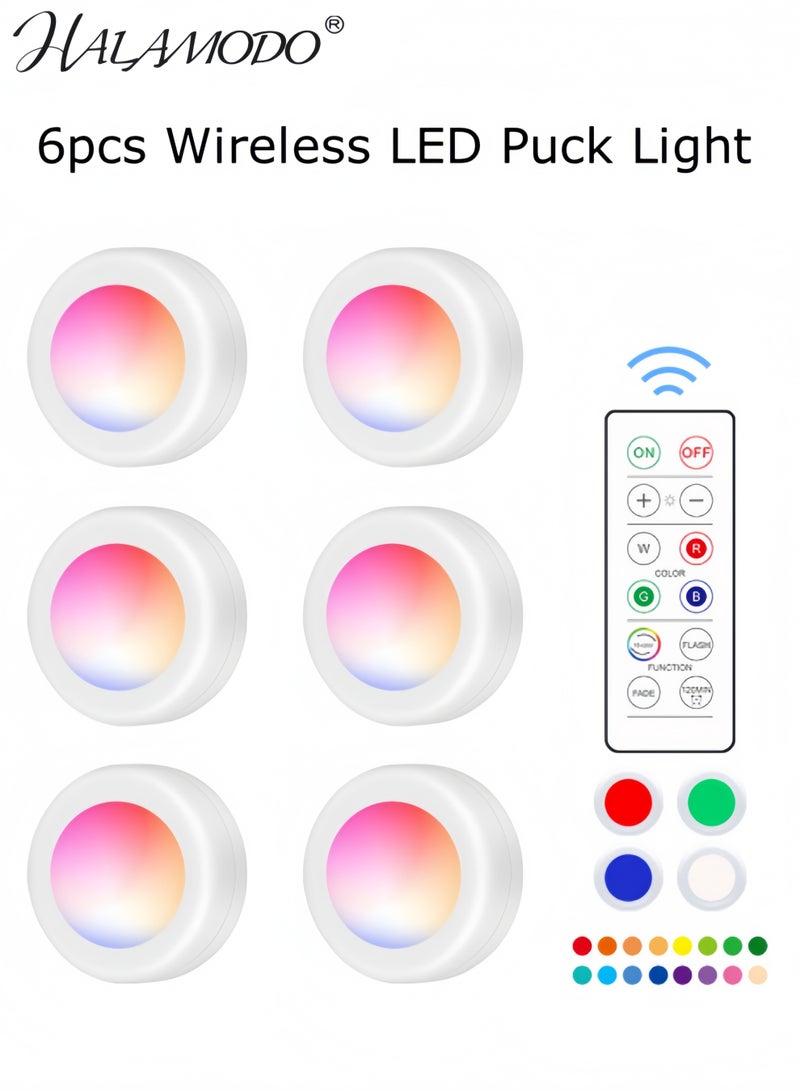 HALAMODO 6pcs LED Puck Lights Wireless 16 Color Changing LED Under Cabinet Lighting Closet Light Battery Powered Night Lights with Remote Control Dimmer & Timing Function - Image 1