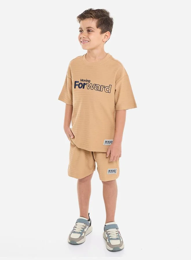 فكتور اند جين Victor And Jane Boys Brown Embroidered T-Shirt and Shorts Set