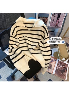 Womens Loose Long Sleeve Polo Neck Striped Knitwear Autumn Winter Fashion Trendy Comfortable Midweight Wool Blend Sweater black apricot stripes