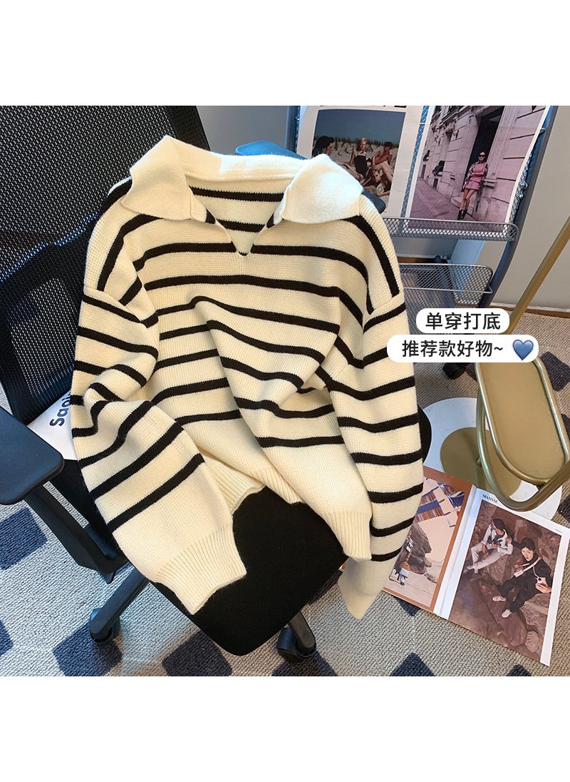 Generic - Womens Loose Long Sleeve Polo Neck Striped Knitwear Autumn Winter Fashion Trendy Comfortable Midweight Wool Blend Sweater black apricot stripes - Image 1