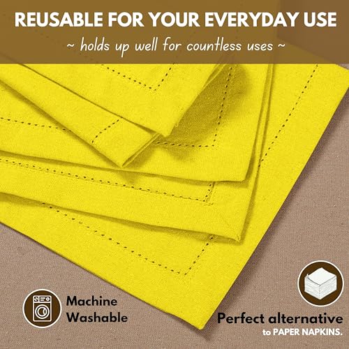 Native Fab Yellow Cloth Napkins, 100% Cotton, Set of 12, Hemstitch Corners, 18x18 inch, Soft, Durable, Reusable, Premium Hotel Quality - Events, Wedding, Table, Dinner Napkins - Lemon Yellow - Image 5