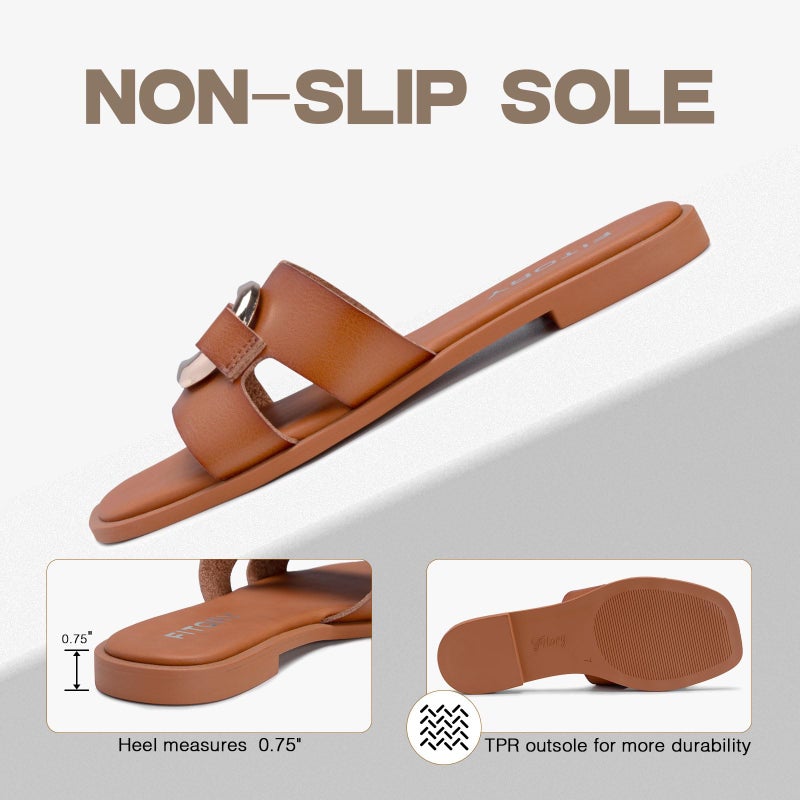 FITORY Women's Flat Sandals Fashion Square Open Toe Slides With Metal Chain Slippers for Summer Size 9 All Brown - Image 4