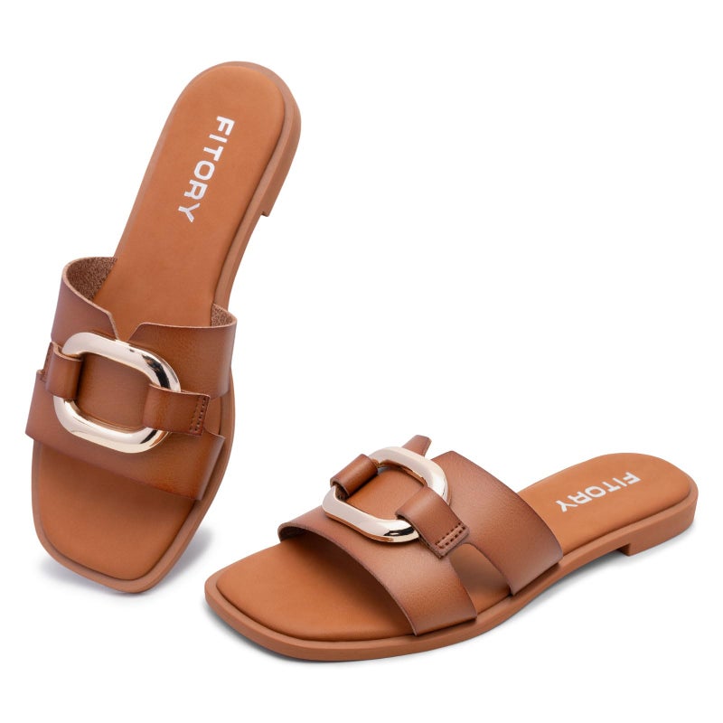 FITORY Women's Flat Sandals Fashion Square Open Toe Slides With Metal Chain Slippers for Summer Size 9 All Brown - Image 1