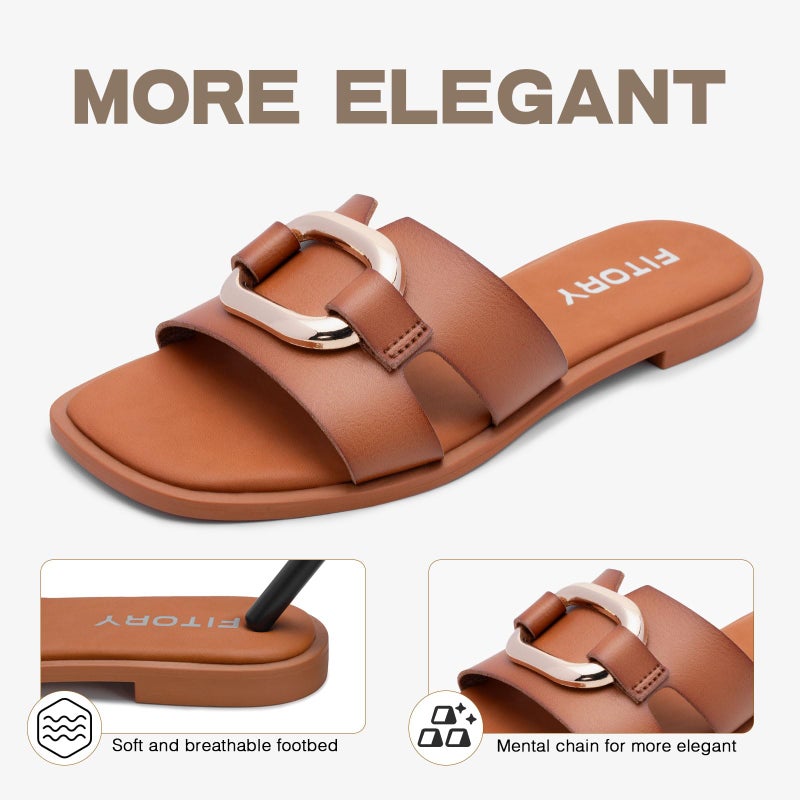 FITORY Women's Flat Sandals Fashion Square Open Toe Slides With Metal Chain Slippers for Summer Size 9 All Brown - Image 5