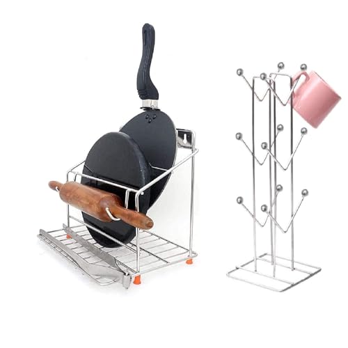 12FOR COLLECTION Combo cup stand holder and Tawa Stand for Kitchen - 100% Rust-Free Stainless Steel Rolling Pin Board Holder Wall Mount Stand 4 in1 Holder - Image 1