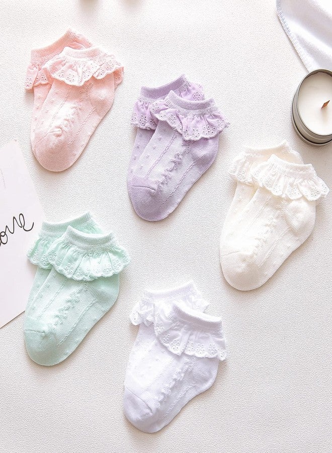Hakugoo Baby Girl Lace Ruffle Socks - Cotton Eyelet Frilly Socks, 5 Pairs Princess Dress Socks in White, Green, Ivory, Pink, Purple - Newborn to 3 Months - Image 2