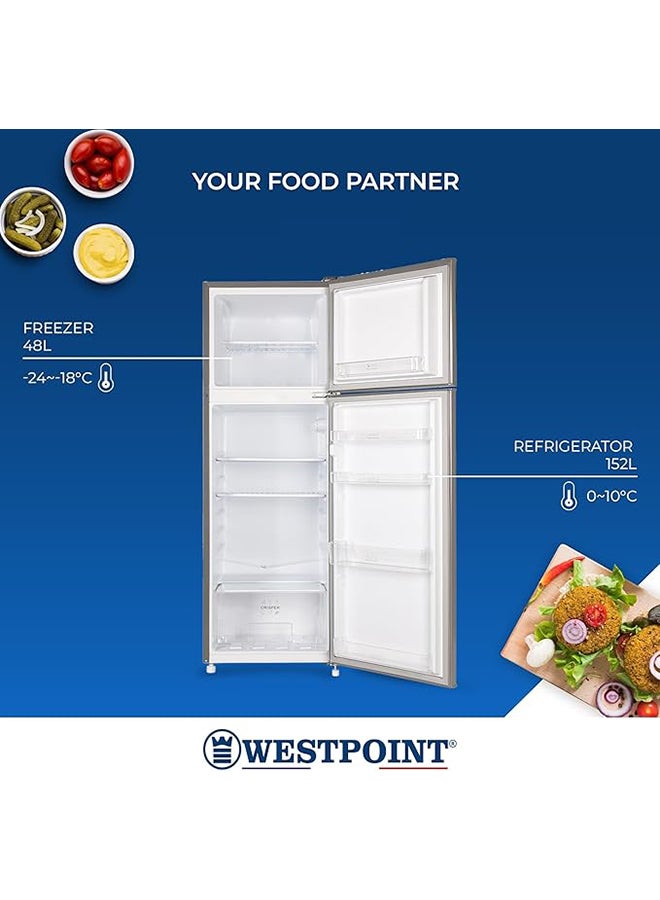 WESTPOINT 240 Liters Gross & 200 L Net Capacity Double Door Refrigerator DEFROST Fridge Freezer, 4 Door Balconies, Egg Rack, Ice Cube Tray, Built in Condenser, 52Dx51.9Wx148H Centimeter 200 L WRN-2423.EI Silver - Image 2