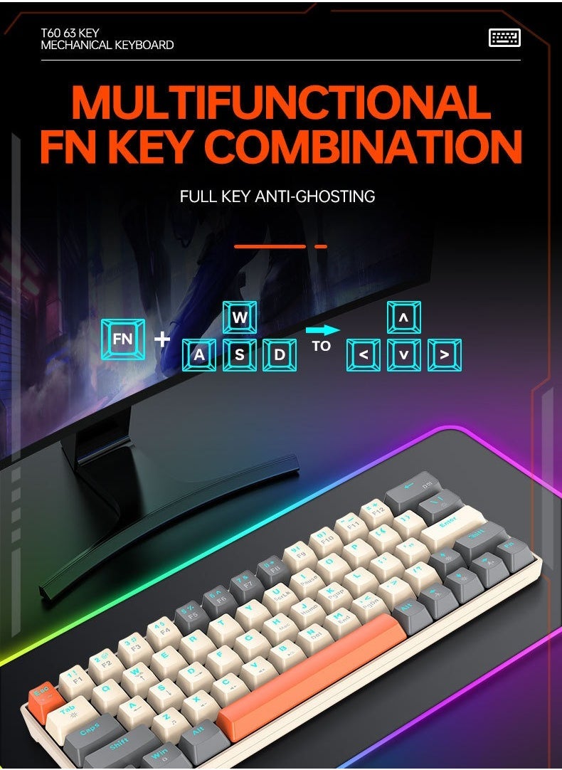 T-WOLF - 63 Keys Mechanical Gaming Keyboard ,75% Mini Wired Waterproof Backlit Silent Color RGB Light Effect ,Suitable for PC/Ps4/Xbox Gamers - Image 1