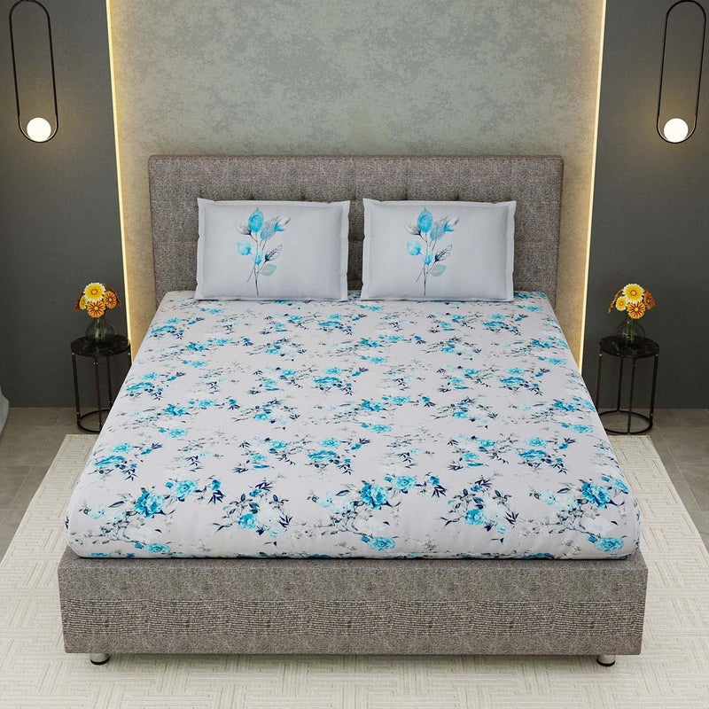 EasyGoods Daisy Floral Bedsheet 100 Cotton Bedsheet for Double Bed King Size Double Bedsheet with 2 Pillow Covers 400 TC Premium Printed Flat Bed Sheet 9ft x 9ft Blue - Image 1