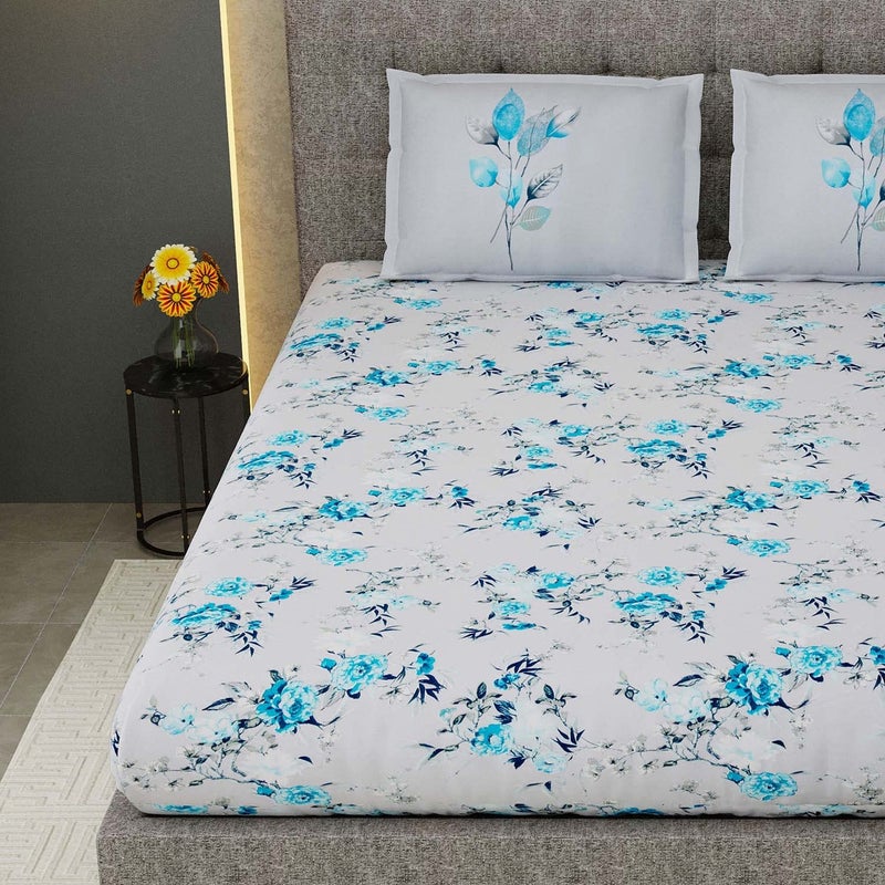 EasyGoods Daisy Floral Bedsheet 100 Cotton Bedsheet for Double Bed King Size Double Bedsheet with 2 Pillow Covers 400 TC Premium Printed Flat Bed Sheet 9ft x 9ft Blue - Image 2